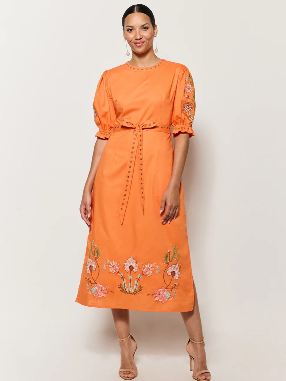 Fanm Mon Pintada Midi Dress Small NWT Floral Embroidered Puff Pouf Sleeve Orange